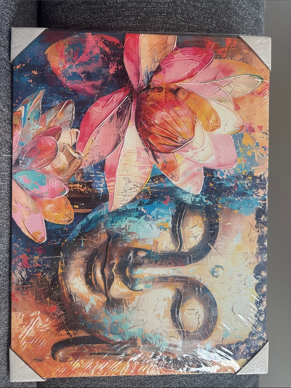 Pink & Blue Lotus Buddha Canvas Wall Art 15 1/2 by 11 1/2